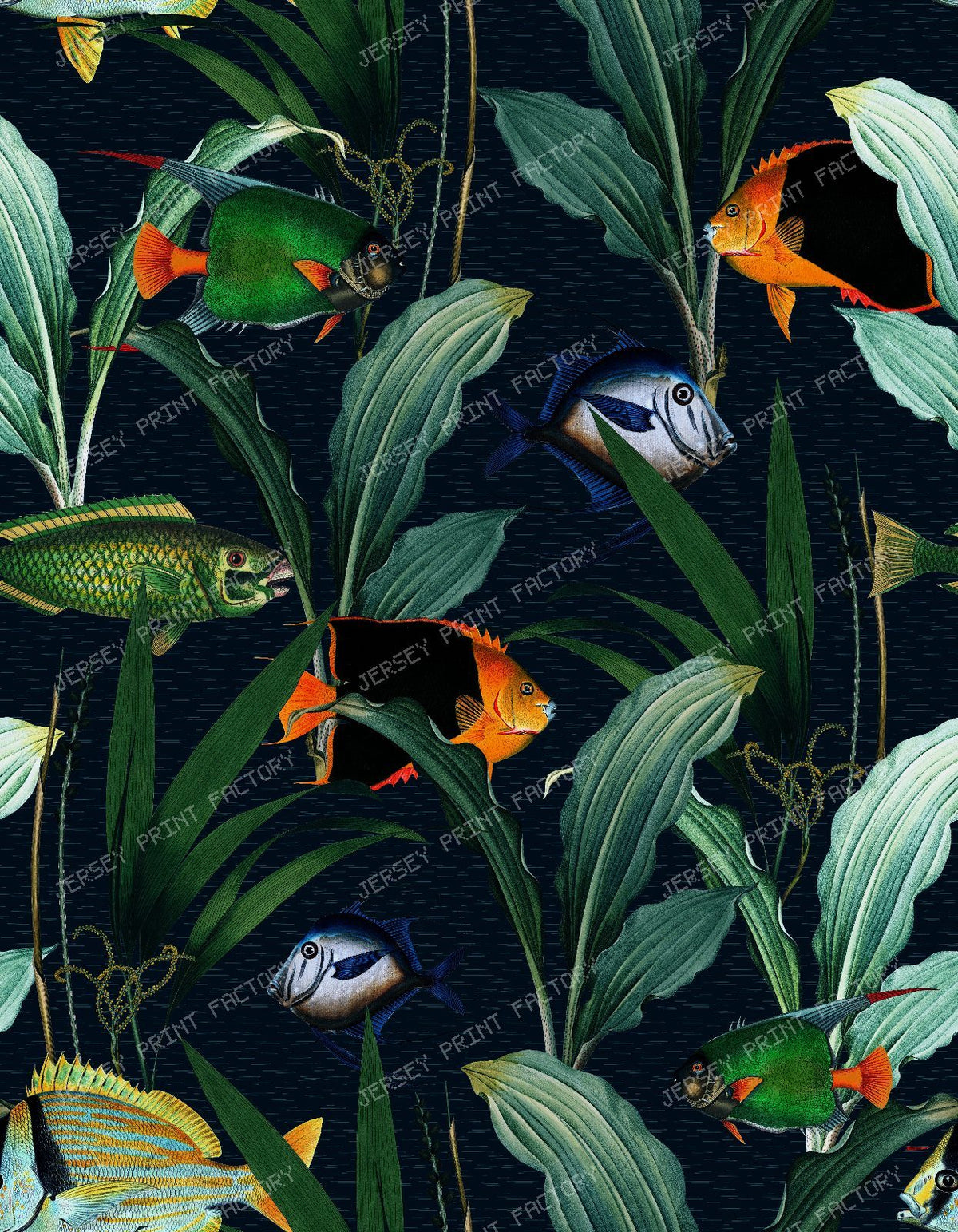 Vintage Tropical Fish Swimming Through Lush Aquatic Plants and Seaweed - Light Turquoise — Midnight Blue
