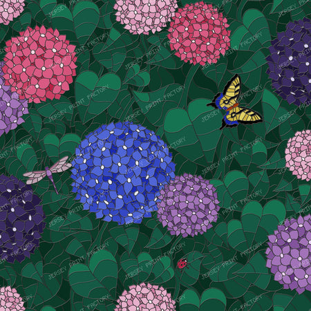 Stained Glass Hydrangea Garden — Sunlit Pewter with Swallowtail Butterfly