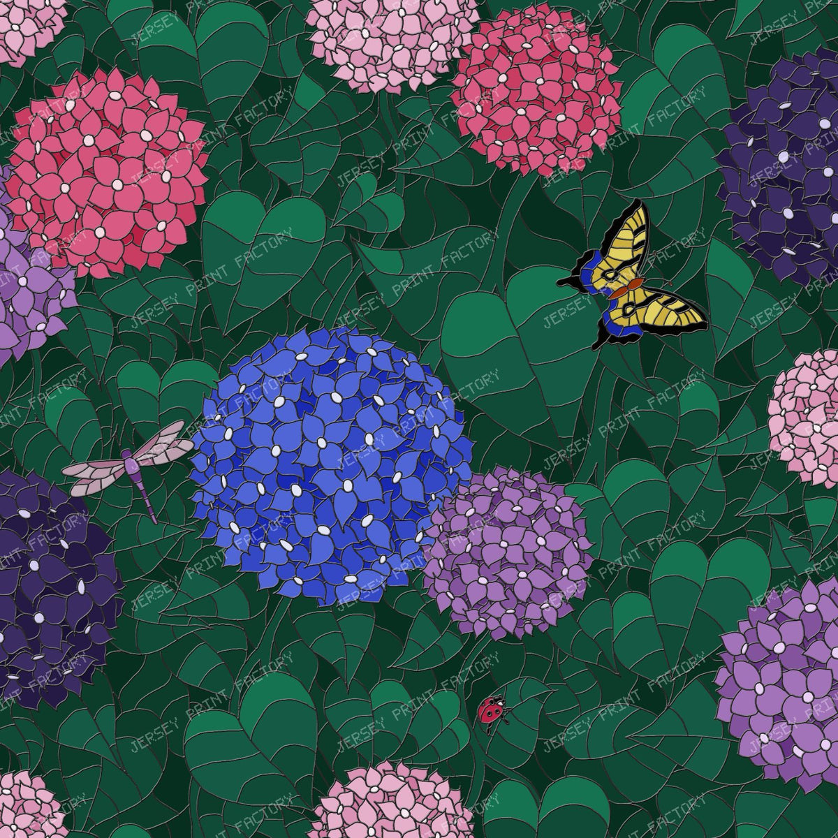 Stained Glass Hydrangea Garden — Sunlit Pewter with Swallowtail Butterfly