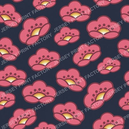 1970s Pink Mod Flowers -  Retro Floral On Navy Blue