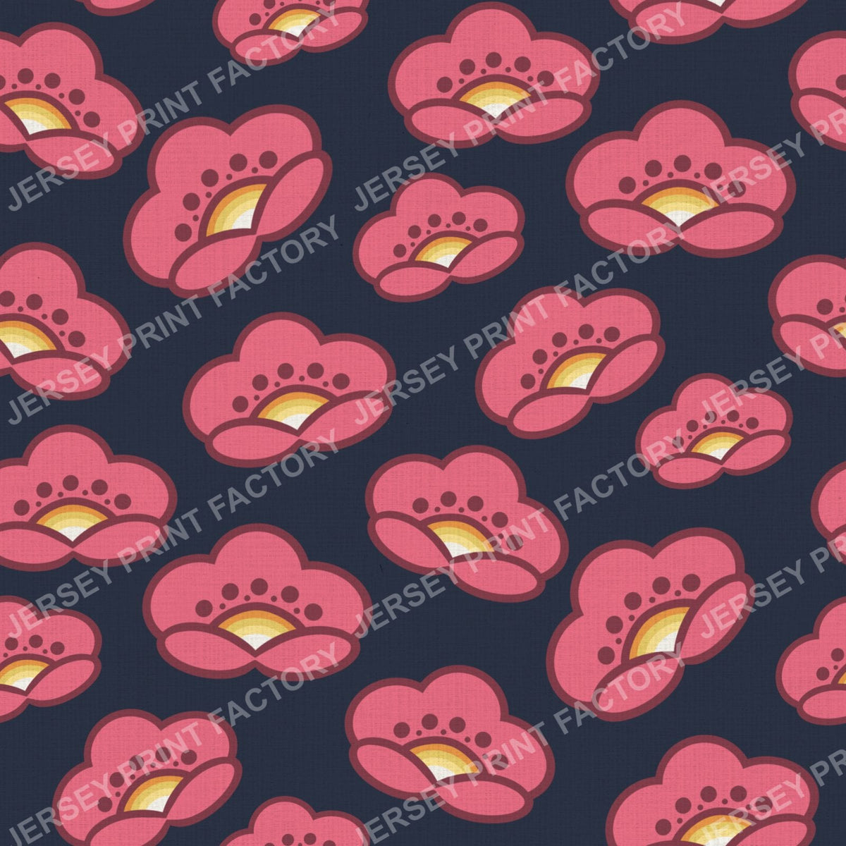 1970s Pink Mod Flowers -  Retro Floral On Navy Blue