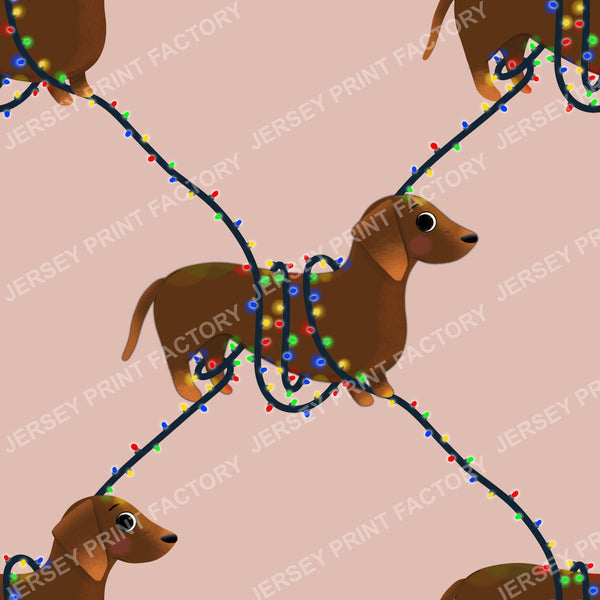 Sausage Dog in String Lights - Winter Weiner Festive Diamonds on Beige