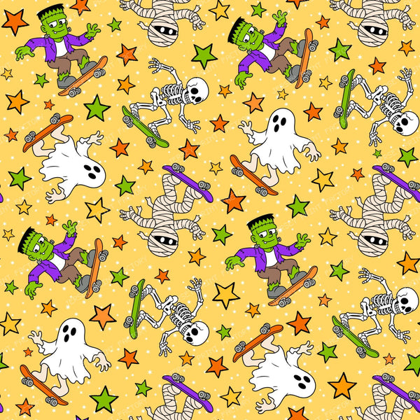Halloween Skateboarding Monsters Skeletons Ghosts Mummies Yellow