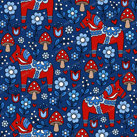 Dala Horse Swedish Scandinavian Floral Red Blue Navy