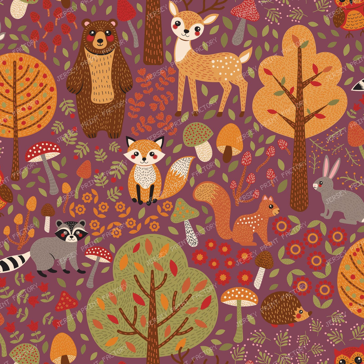 Woodland Animals Storybook Pattern burgundy background