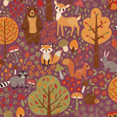 Woodland Animals Storybook Pattern burgundy background