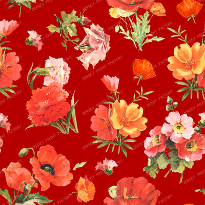 Small Red Poppy Flowers Bold Vibrant Floral Pattern on Dark Red