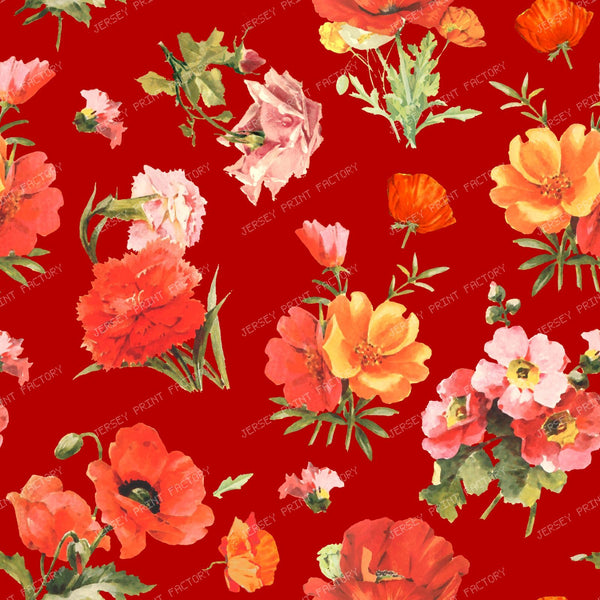 Small Red Poppy Flowers Bold Vibrant Floral Pattern on Dark Red