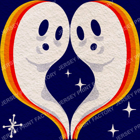 Retro Halloween Ghosts 70s Psychedelic Rainbow Ghost Print Vintage Spooky Mid Century Groovy Halloween Fabric Pattern - blue