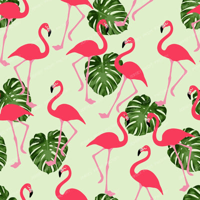 Tropical Pattern, Pink Flamingos, Palm Leaves, Green Leaves