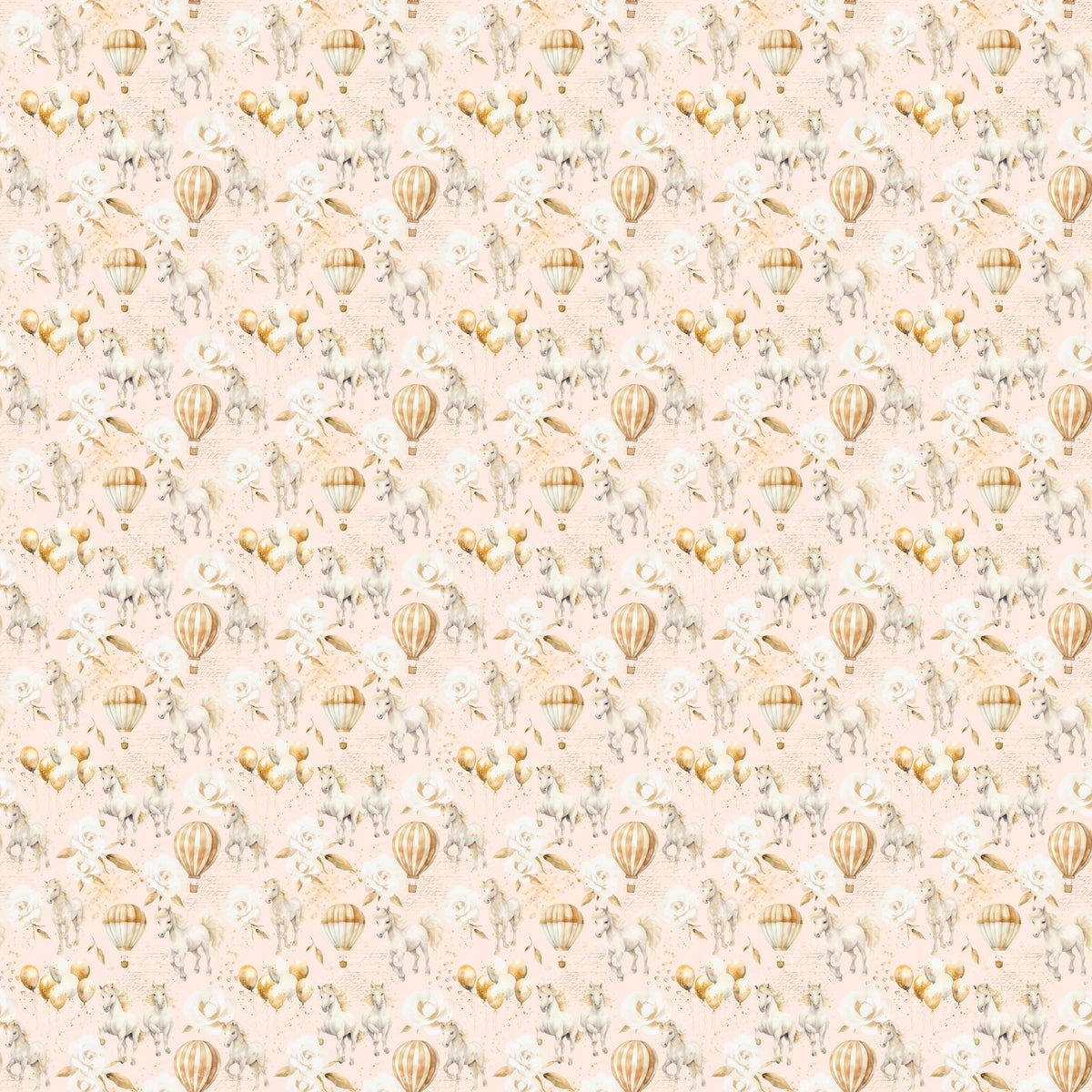 Cute Ponies and Balloons Pastel Colors Toile Pattern for Children on Pink