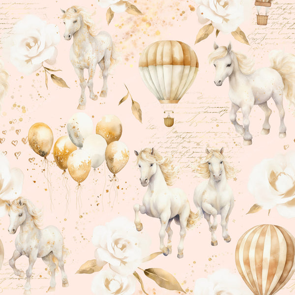 Cute Ponies and Balloons Pastel Colors Toile Pattern for Children on Pink