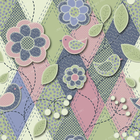Folk Art Patchwork Floral Applique Pattern multi pink