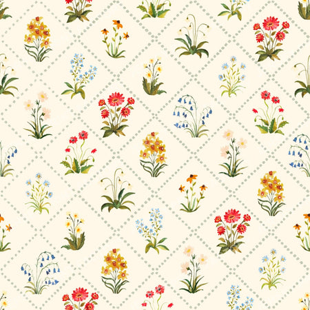 Motif-Filled Harlequin Colorful Watercolor Wildflower Pattern on Cream BG