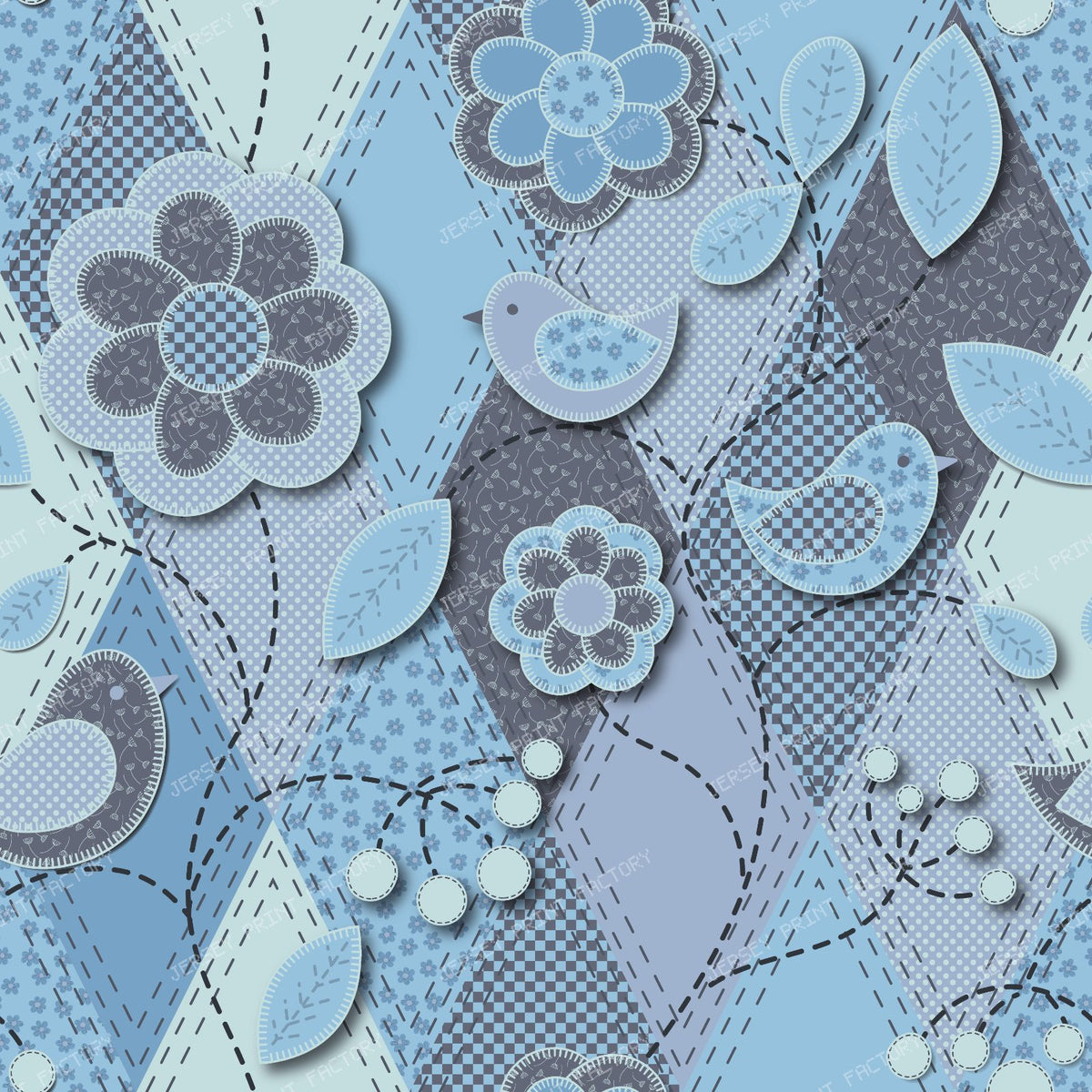Folk Art Patchwork Floral Applique Pattern blue