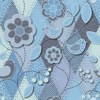 Folk Art Patchwork Floral Applique Pattern blue