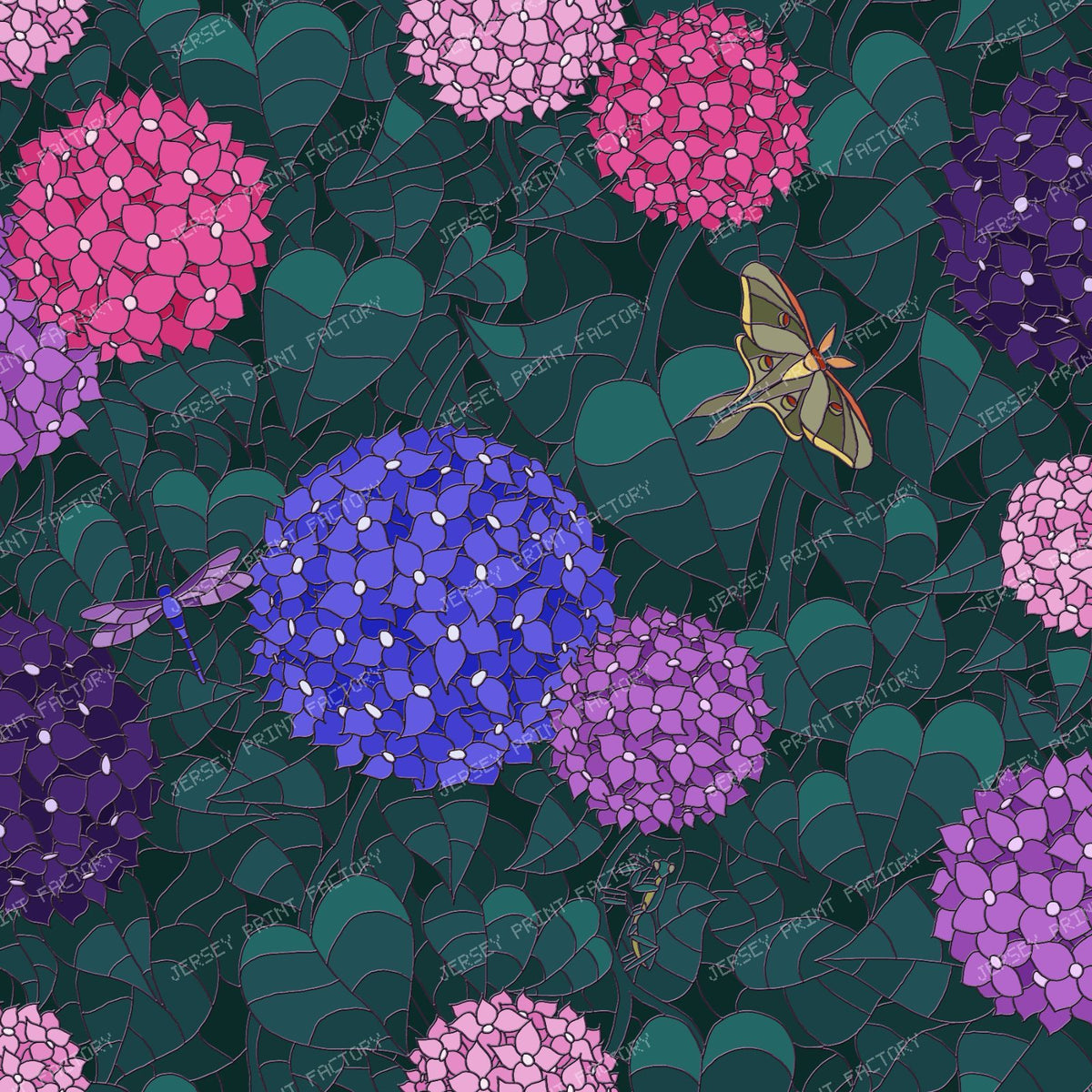 Stained Glass Hydrangea Garden — Moonlit Pewter with Luna Moth