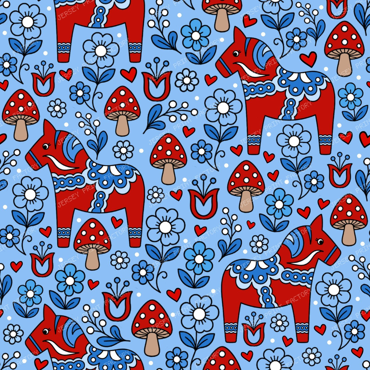 Dala Horse Swedish Scandinavian Floral Red And Blue