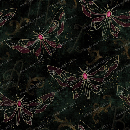 Luxury celestial moth seamless pattern with ruby gemstones and Art Nouveau ornament