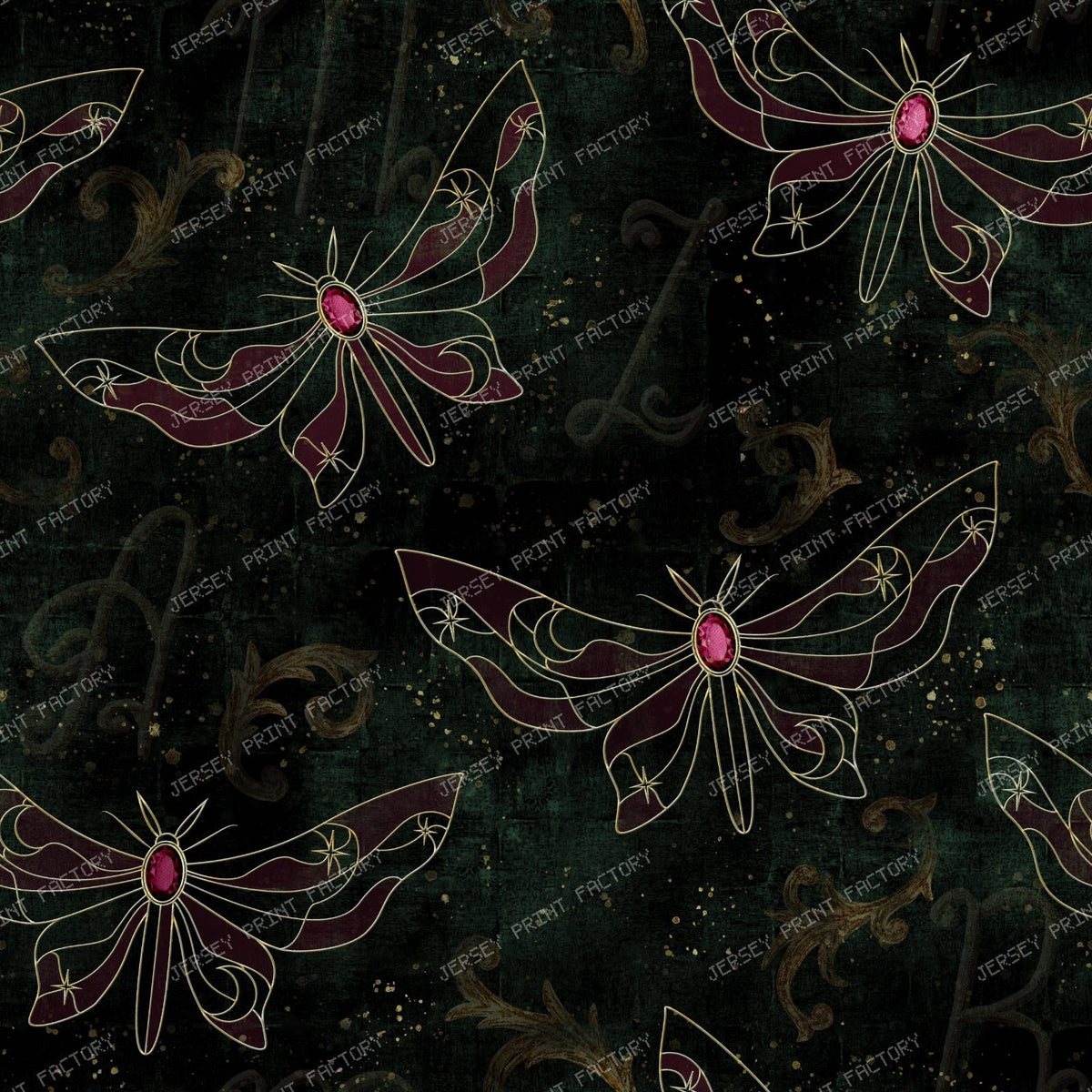 Luxury celestial moth seamless pattern with ruby gemstones and Art Nouveau ornament
