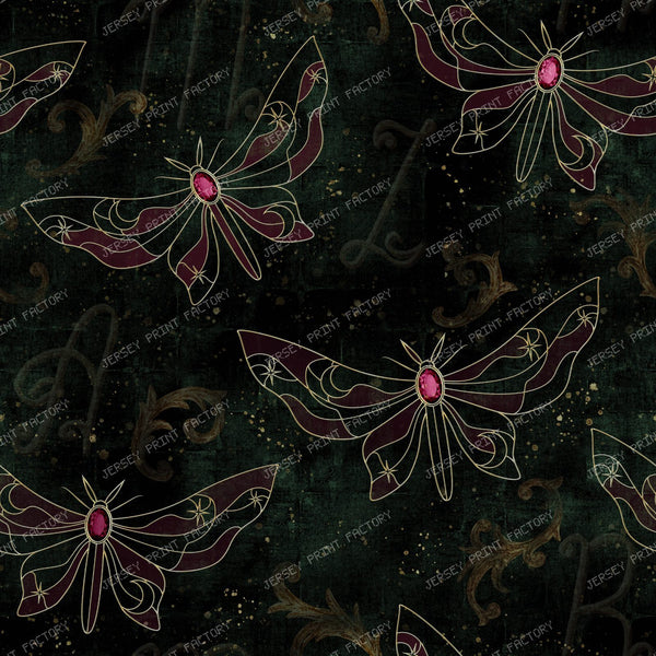 Luxury celestial moth seamless pattern with ruby gemstones and Art Nouveau ornament