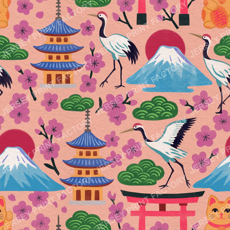 Bright Springtime Japan, Maximalist Hand Drawn on Peach