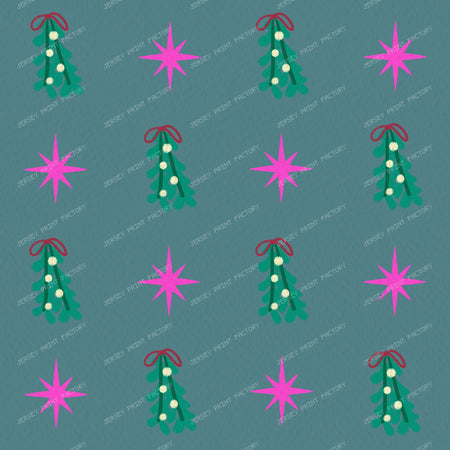 Whimsical Winter Mistletoe and Pink Stars on Purple — Muted Teal