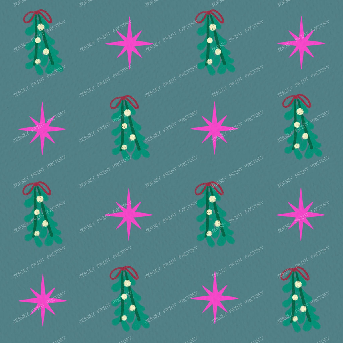 Whimsical Winter Mistletoe and Pink Stars on Purple — Muted Teal