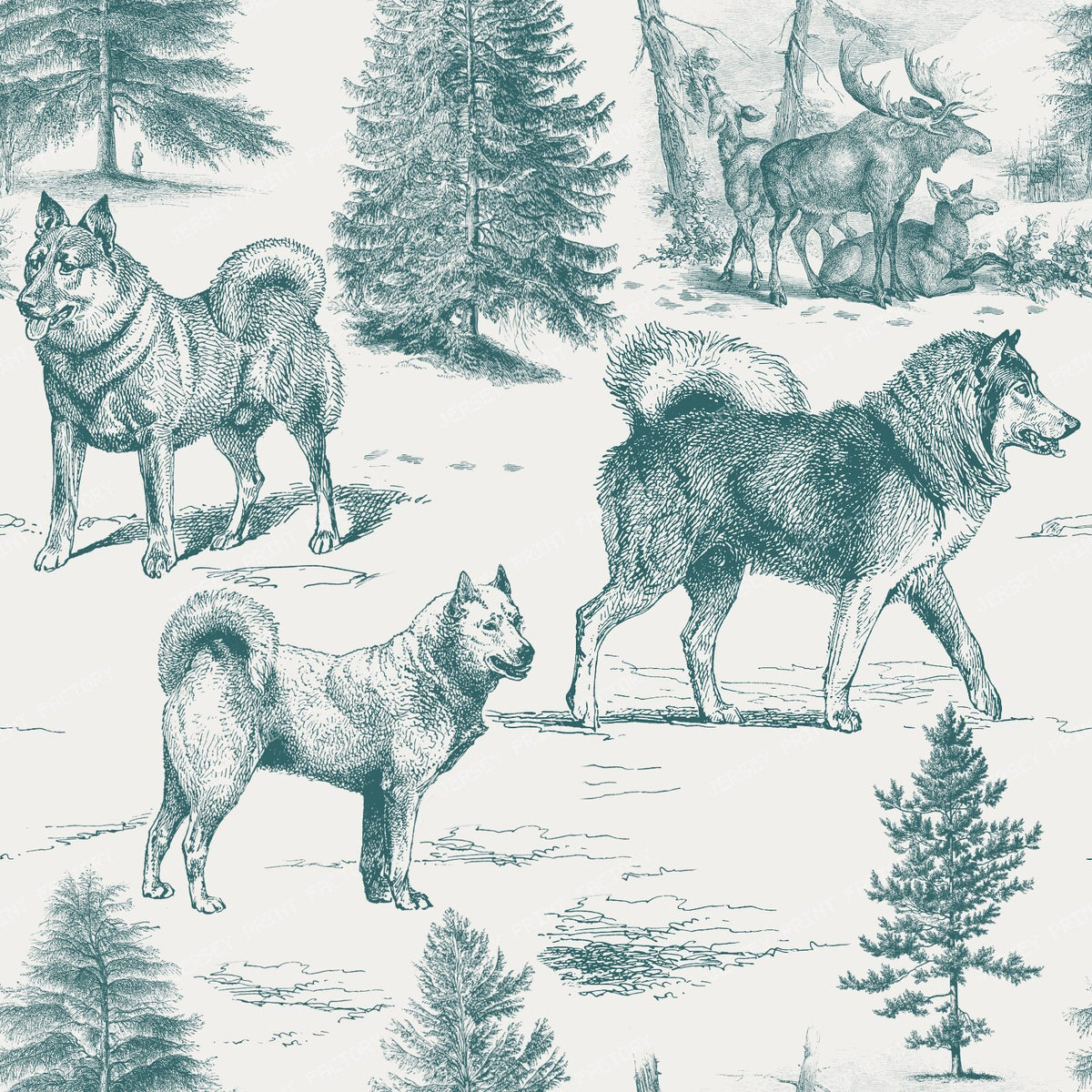 Alaskan Malamute and Northern Dogs in the Winter Landscape Earth Tones Monochromatic Toile Pattern — Teal