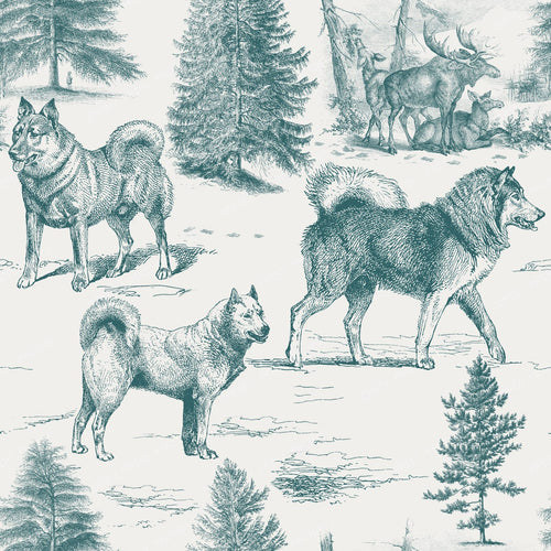 Alaskan Malamute and Northern Dogs in the Winter Landscape Earth Tones Monochromatic Toile Pattern — Teal
