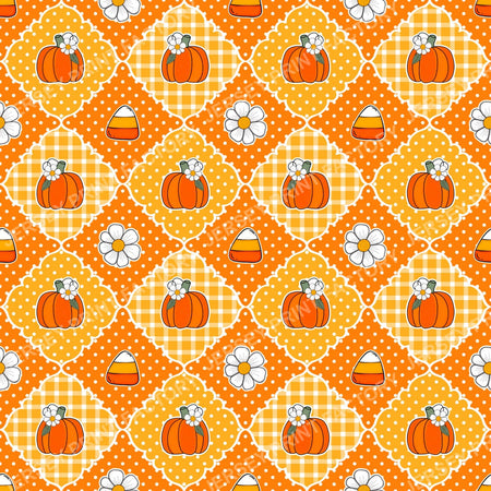 Halloween Patchwork Pumpkins Cand Corn Daisies in Orange and Yellow