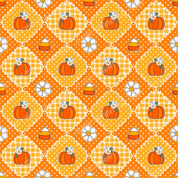 Halloween Patchwork Pumpkins Cand Corn Daisies in Orange and Yellow