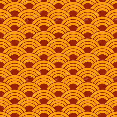 Black and White Seigaiha, Japanese Pattern, Waves, Fans, Arch — Red and Yellow