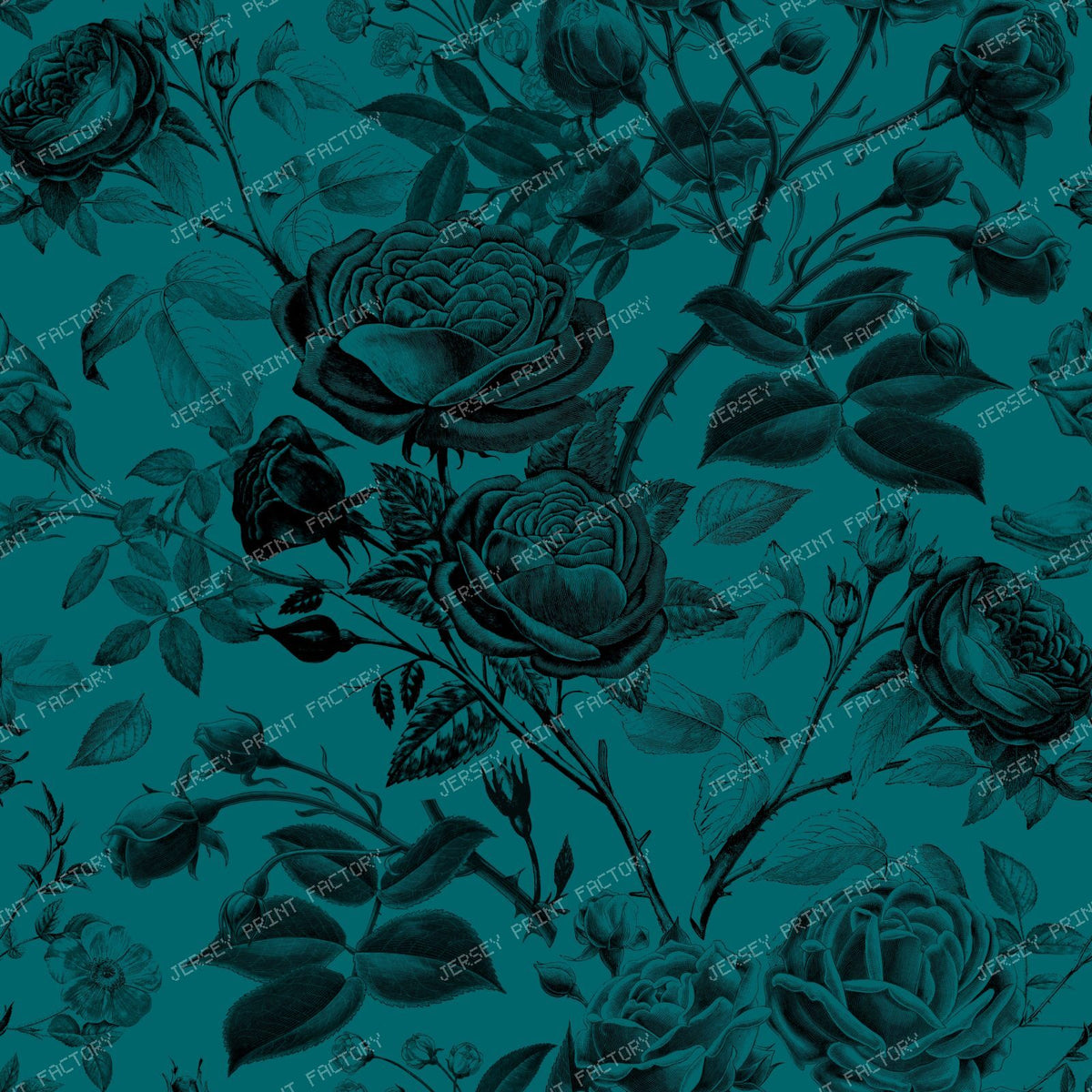 Climbing Roses Floral Botanical Monochromatic Pattern on Teal