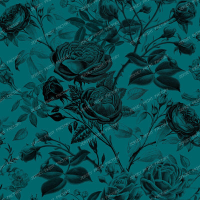 Climbing Roses Floral Botanical Monochromatic Pattern on Teal
