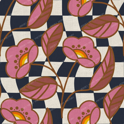 Blush Pink Retro Floral With Mustard Blooms And Olive Leaves 70s Style — Pink on Wavy Navy Checkerboard