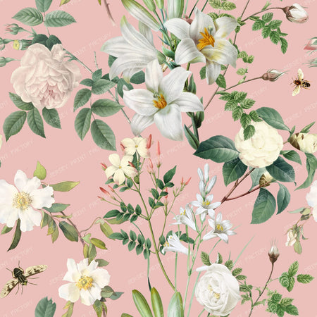 White Flowers Garden Lush Floral Botanical Pattern on Hibiscus Pink Background
