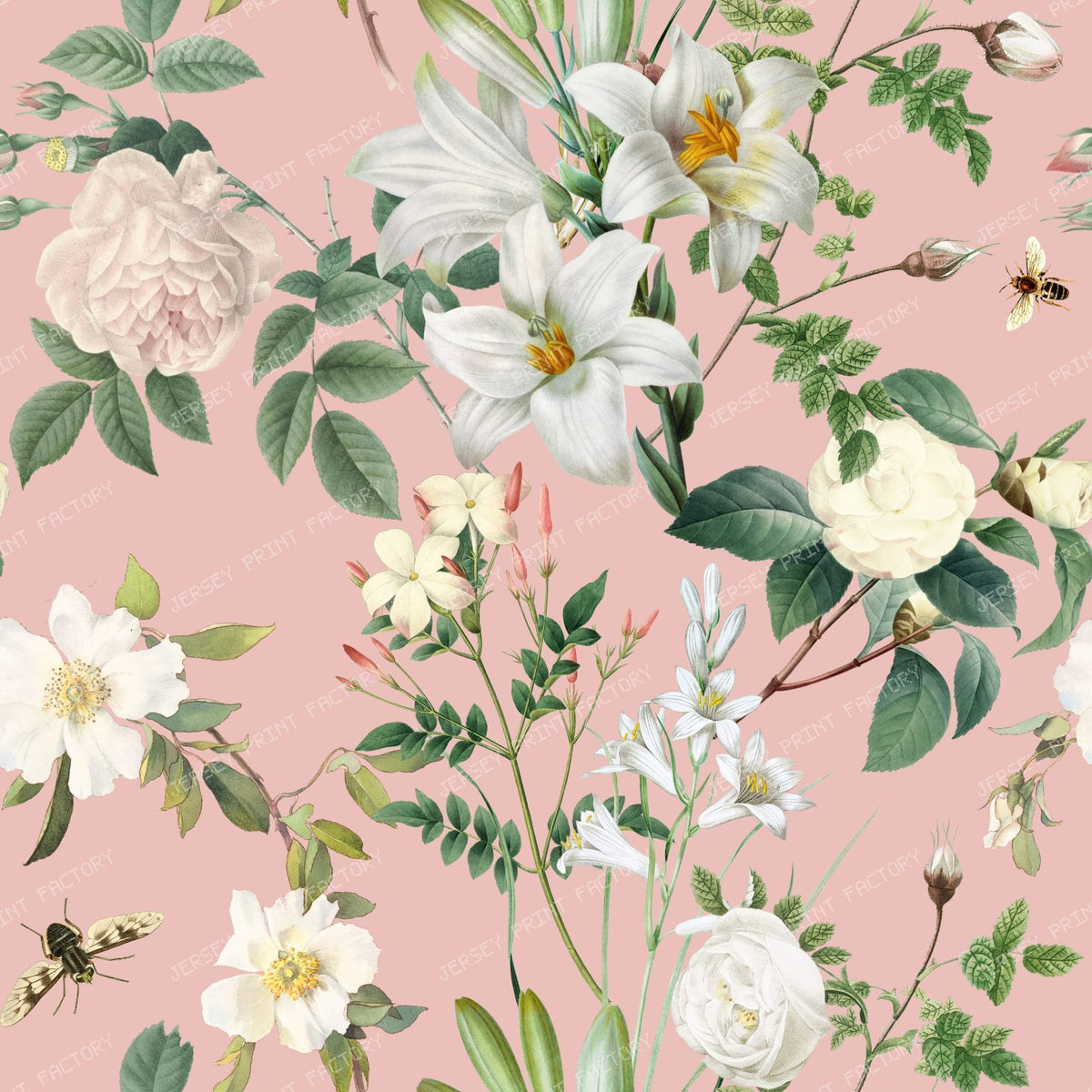 White Flowers Garden Lush Floral Botanical Pattern on Hibiscus Pink Background
