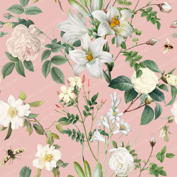 White Flowers Garden Lush Floral Botanical Pattern on Hibiscus Pink Background