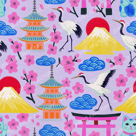 Vibrant Colours Springtime Japan, Maximalist Hand Drawn on Lilac Purple