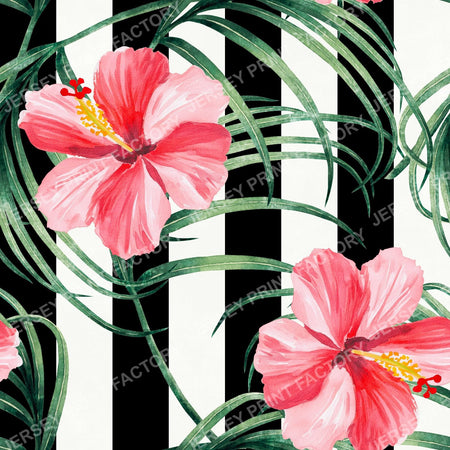 Hibiscus and palm leaves on vertical black and white stripes