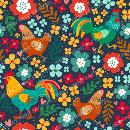 Colorful Chicken Floral On Navy
