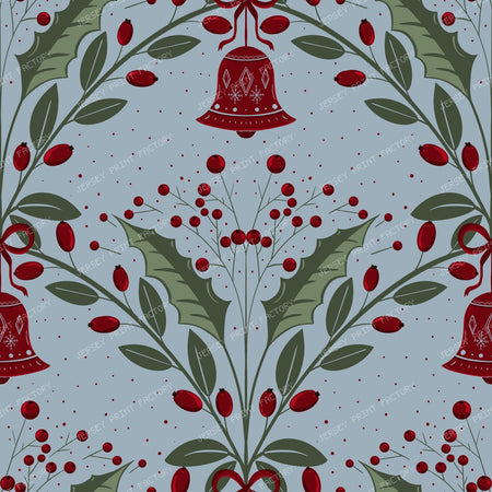 Red Bells and Holly Motifs on Light Blue Festive Ornamental Repeat