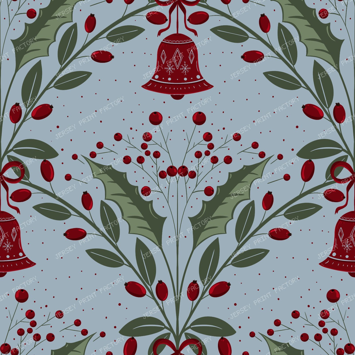 Red Bells and Holly Motifs on Light Blue Festive Ornamental Repeat