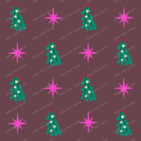 Whimsical Winter Mistletoe and Pink Stars on Purple — Muted red