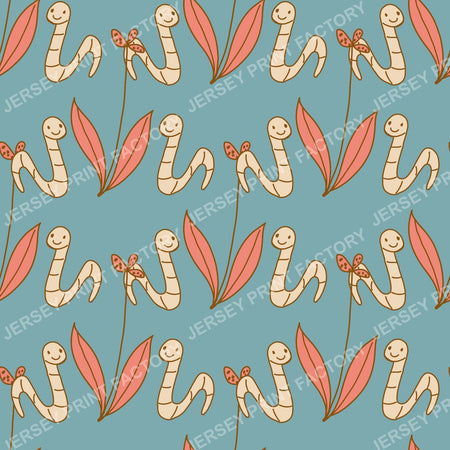 Happy Worm & Leaf Pattern - duck egg blue