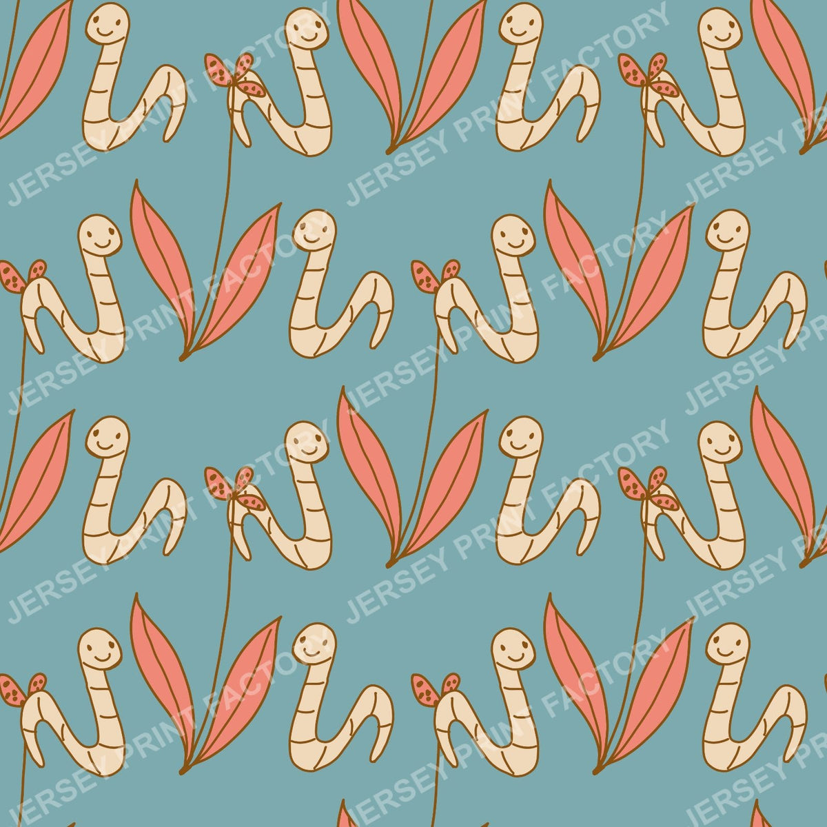 Happy Worm & Leaf Pattern - duck egg blue