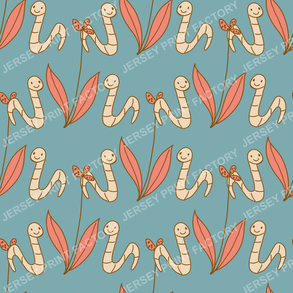 Happy Worm & Leaf Pattern - duck egg blue