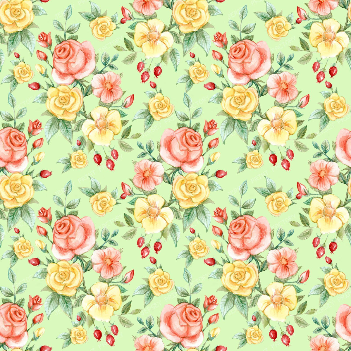 Orange Roses, Yellow Roses, Floral Pattern, Rosebud, Leaves — Green
