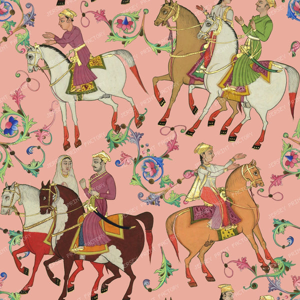 Horseback Riding and Colorful Ornaments, Medieval Persian Motif with Wedding Scenes on Pink Background
